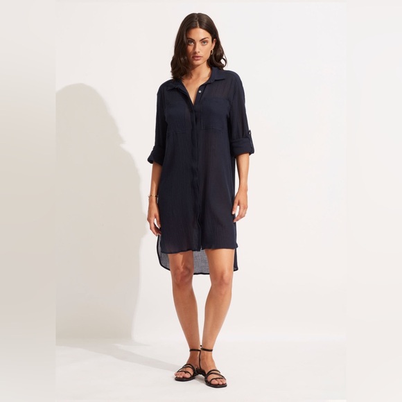 Seafolly Crinkle Twill Beach Shirt - indigo sz xs - Picture 6 of 10